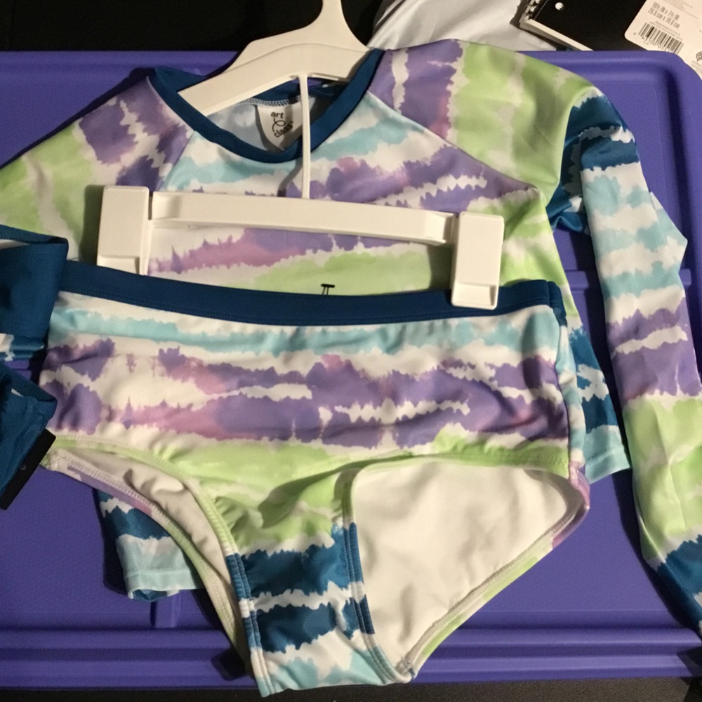 Kids Long Sleeve Two-Piece Swim Set in Aqua, Lavender & Lime